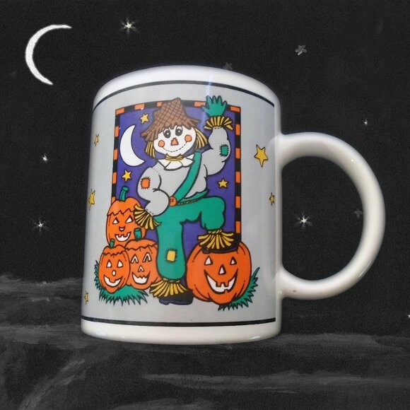 Vintage Halloween Mug, Dated 1995-Scarecrow & Jack O Lantern Pumpkins - Picture 1 of 8